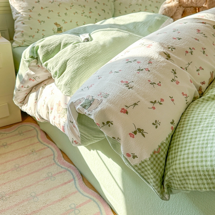 91家纺网 家纺一手货源 找家纺 女子家纺 2026春夏新款云感皱皱纱小清新四件套 米菲兔