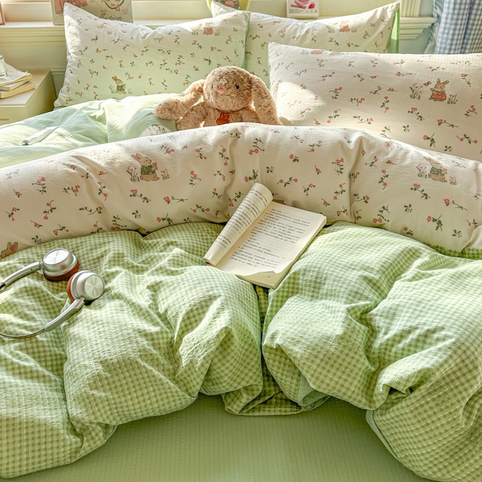 91家纺网 家纺一手货源 找家纺 女子家纺 2026春夏新款云感皱皱纱小清新四件套 米菲兔