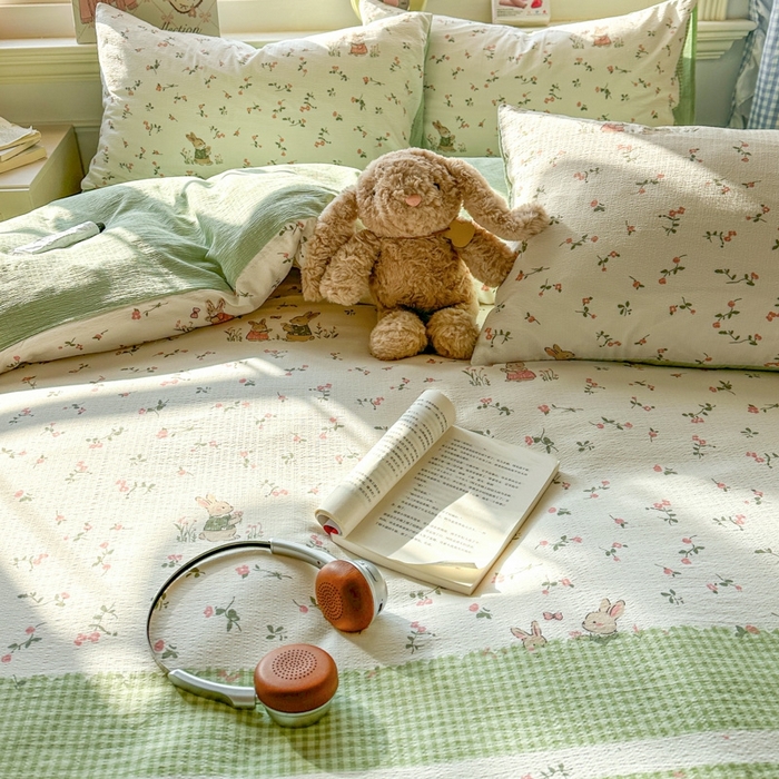 91家纺网 家纺一手货源 找家纺 女子家纺 2026春夏新款云感皱皱纱小清新四件套 米菲兔