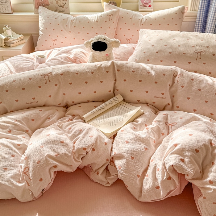 91家纺网 家纺一手货源 找家纺 女子家纺 2026春夏新款云感皱皱纱小清新四件套 少女爱心