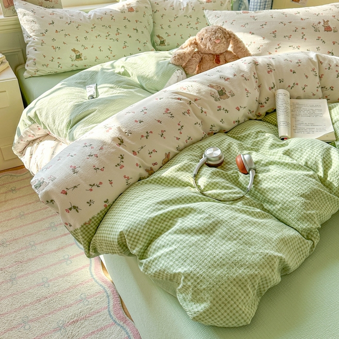 91家纺网 家纺一手货源 找家纺 女子家纺 2026春夏新款云感皱皱纱小清新四件套 米菲兔