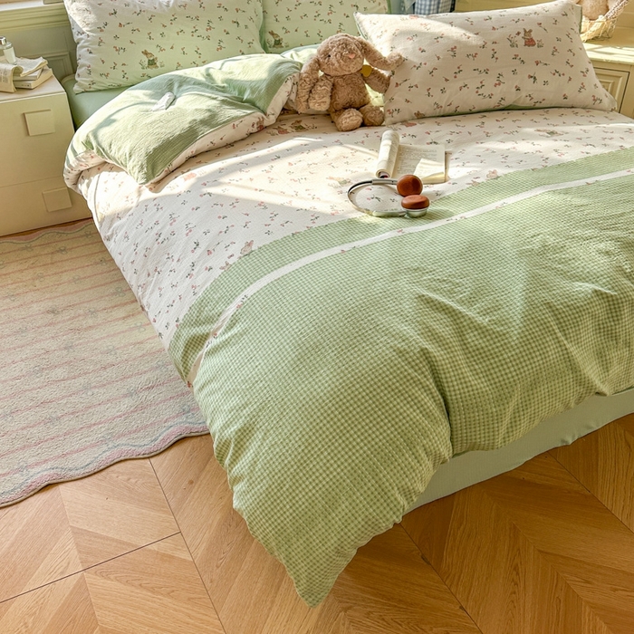 91家纺网 家纺一手货源 找家纺 女子家纺 2026春夏新款云感皱皱纱小清新四件套 米菲兔