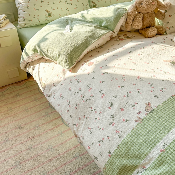 91家纺网 家纺一手货源 找家纺 女子家纺 2026春夏新款云感皱皱纱小清新四件套 米菲兔