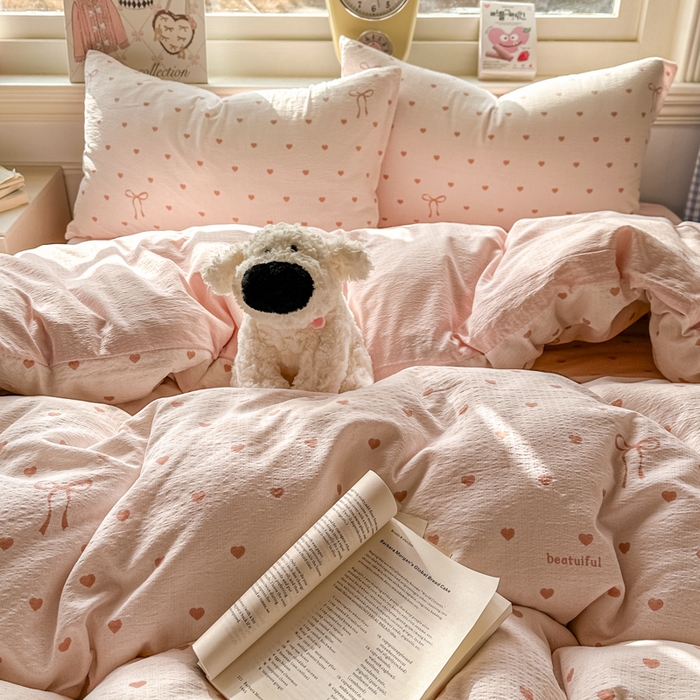 91家纺网 家纺一手货源 找家纺 女子家纺 2026春夏新款云感皱皱纱小清新四件套 少女爱心