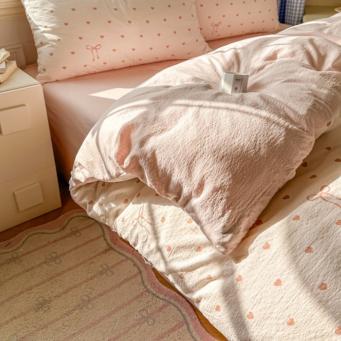 91家纺网 家纺一手货源 找家纺 女子家纺 2026春夏新款云感皱皱纱小清新四件套 少女爱心