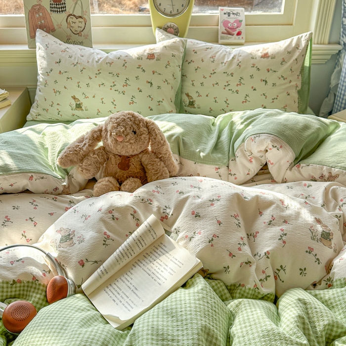 91家纺网 家纺一手货源 找家纺 女子家纺 2026春夏新款云感皱皱纱小清新四件套 米菲兔