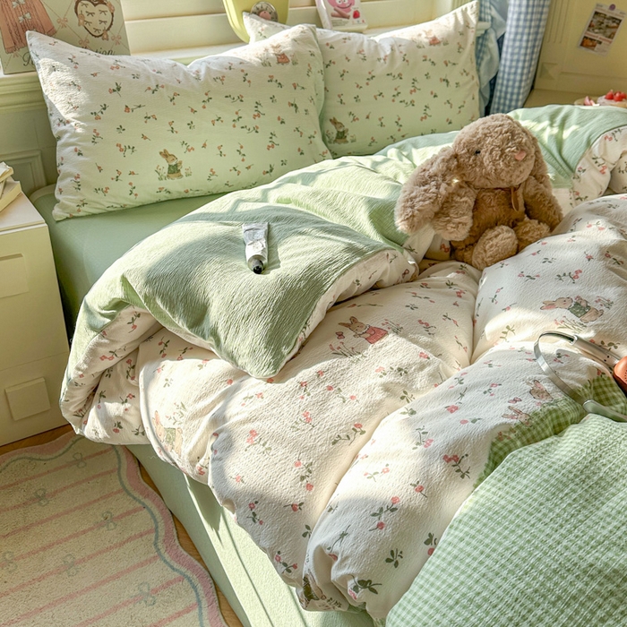 91家纺网 家纺一手货源 找家纺 女子家纺 2026春夏新款云感皱皱纱小清新四件套 米菲兔