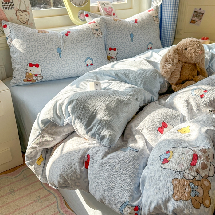 91家纺网 家纺一手货源 找家纺 女子家纺 2026春夏新款云感皱皱纱小清新四件套 哈喽猫咪-蓝