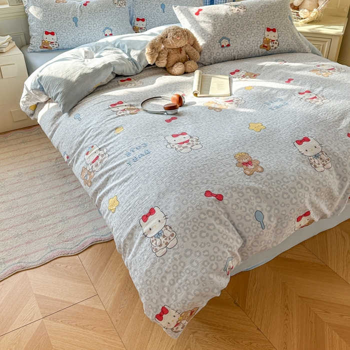 91家纺网 家纺一手货源 找家纺 女子家纺 2026春夏新款云感皱皱纱小清新四件套 哈喽猫咪-蓝