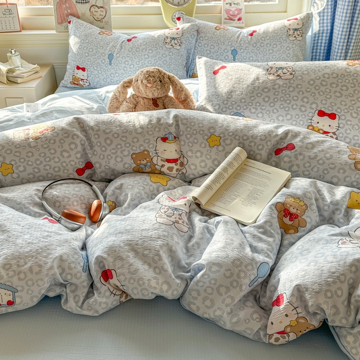 91家纺网 家纺一手货源 找家纺 女子家纺 2026春夏新款云感皱皱纱小清新四件套 哈喽猫咪-蓝