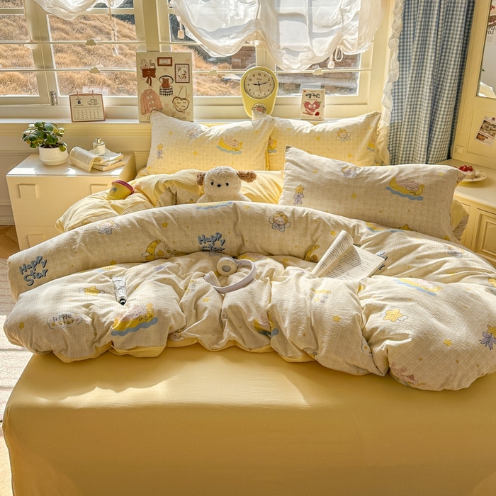 91家纺网 家纺一手货源 找家纺 女子家纺 2026春夏新款云感皱皱纱小清新四件套 精灵宝贝