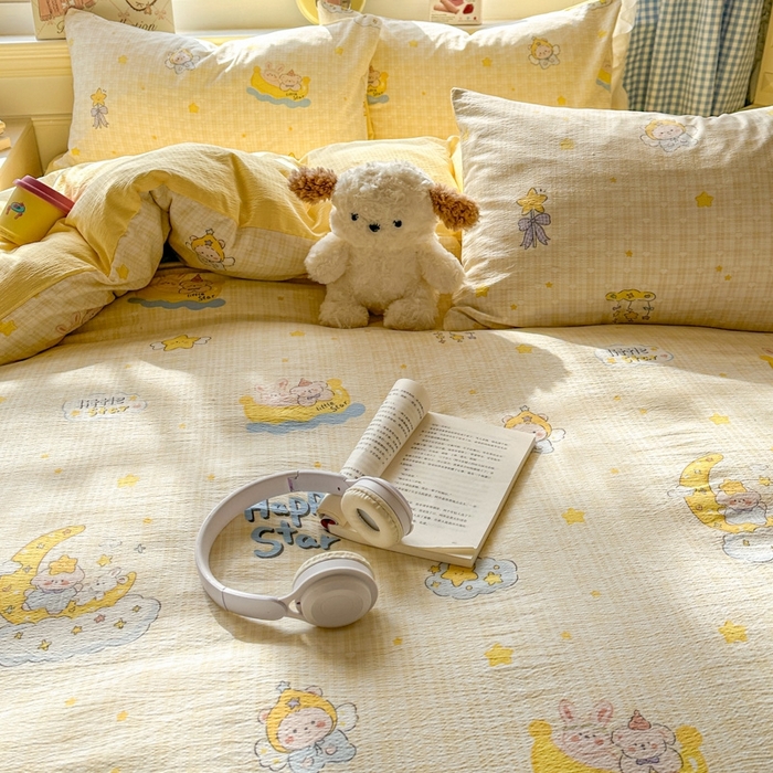 91家纺网 家纺一手货源 找家纺 女子家纺 2026春夏新款云感皱皱纱小清新四件套 精灵宝贝