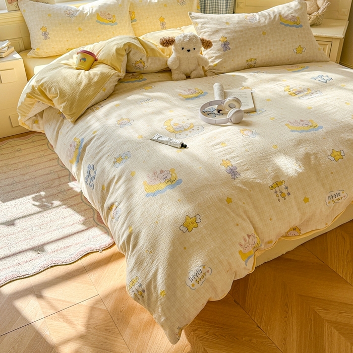 91家纺网 家纺一手货源 找家纺 女子家纺 2026春夏新款云感皱皱纱小清新四件套 精灵宝贝