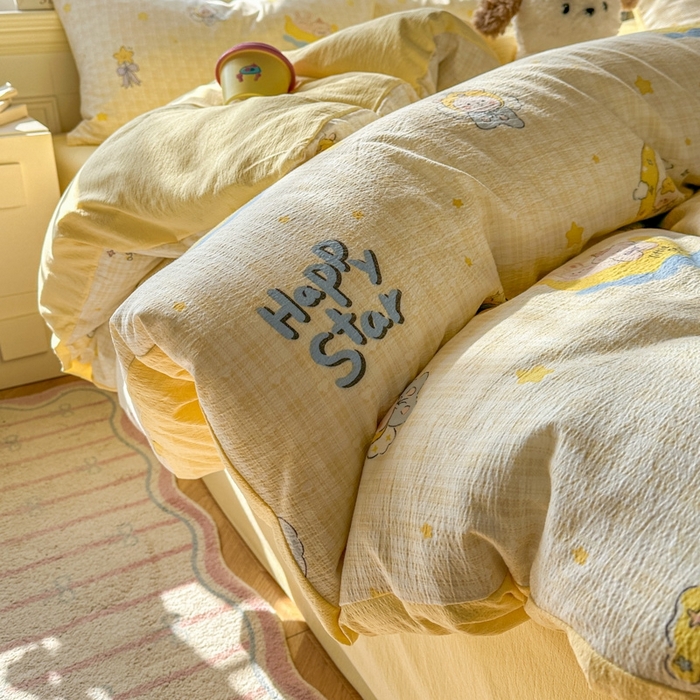 91家纺网 家纺一手货源 找家纺 女子家纺 2026春夏新款云感皱皱纱小清新四件套 精灵宝贝