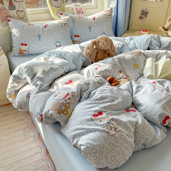 91家纺网 家纺一手货源 找家纺 女子家纺 2026春夏新款云感皱皱纱小清新四件套 哈喽猫咪-蓝