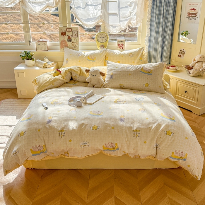 91家纺网 家纺一手货源 找家纺 女子家纺 2026春夏新款云感皱皱纱小清新四件套 精灵宝贝