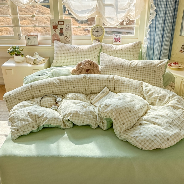 91家纺网 家纺一手货源 找家纺 女子家纺 2026春夏新款云感皱皱纱小清新四件套 左伊