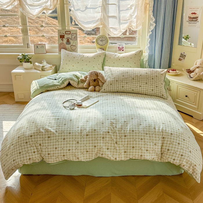 91家纺网 家纺一手货源 找家纺 女子家纺 2026春夏新款云感皱皱纱小清新四件套 左伊