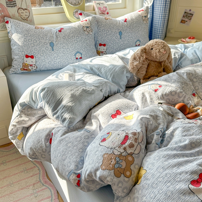 91家纺网 家纺一手货源 找家纺 女子家纺 2026春夏新款云感皱皱纱小清新四件套 哈喽猫咪-蓝