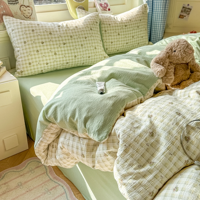 91家纺网 家纺一手货源 找家纺 女子家纺 2026春夏新款云感皱皱纱小清新四件套 左伊