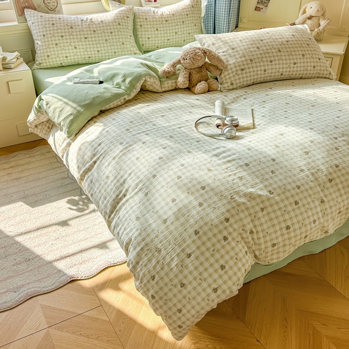 91家纺网 家纺一手货源 找家纺 女子家纺 2026春夏新款云感皱皱纱小清新四件套 左伊