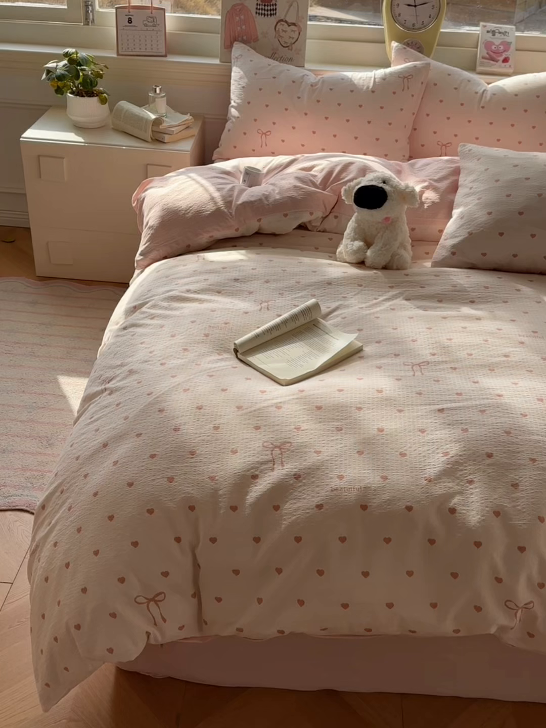 91家纺网 家纺一手货源 找家纺 女子家纺 2026春夏新款云感皱皱纱小清新四件套 少女爱心