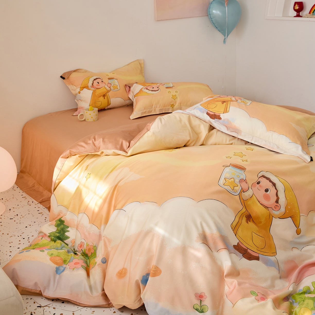 91家纺网 家纺一手货源 找家纺 梧桐树 2026新款60长绒棉平网大版系列四件套 P38许愿瓶桔