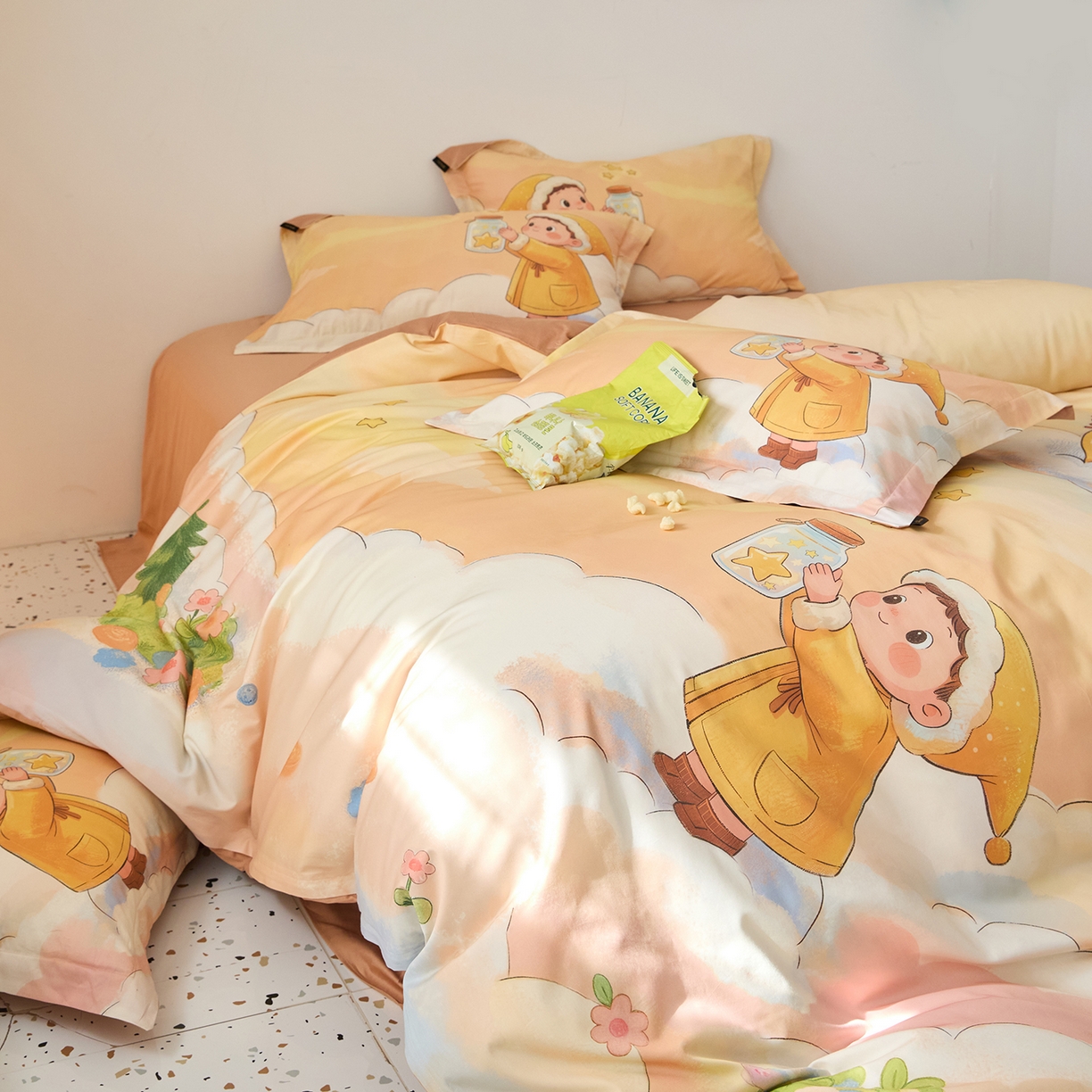 91家纺网 家纺一手货源 找家纺 梧桐树 2026新款60长绒棉平网大版系列四件套 P38许愿瓶桔