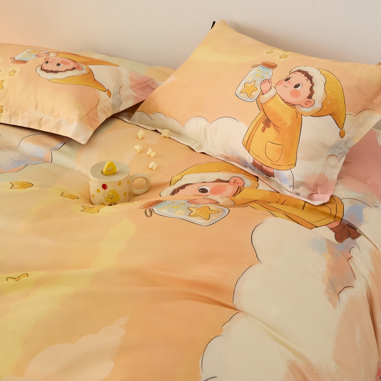 91家纺网 家纺一手货源 找家纺 梧桐树 2026新款60长绒棉平网大版系列四件套 P38许愿瓶桔