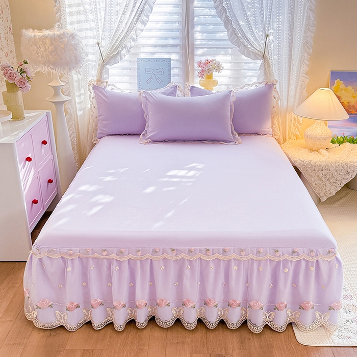 91家纺网 家纺一手货源 找家纺 漫布云家纺 2026春夏超柔水洗棉床裙款四件套-唯爱系列 唯爱-香芋紫