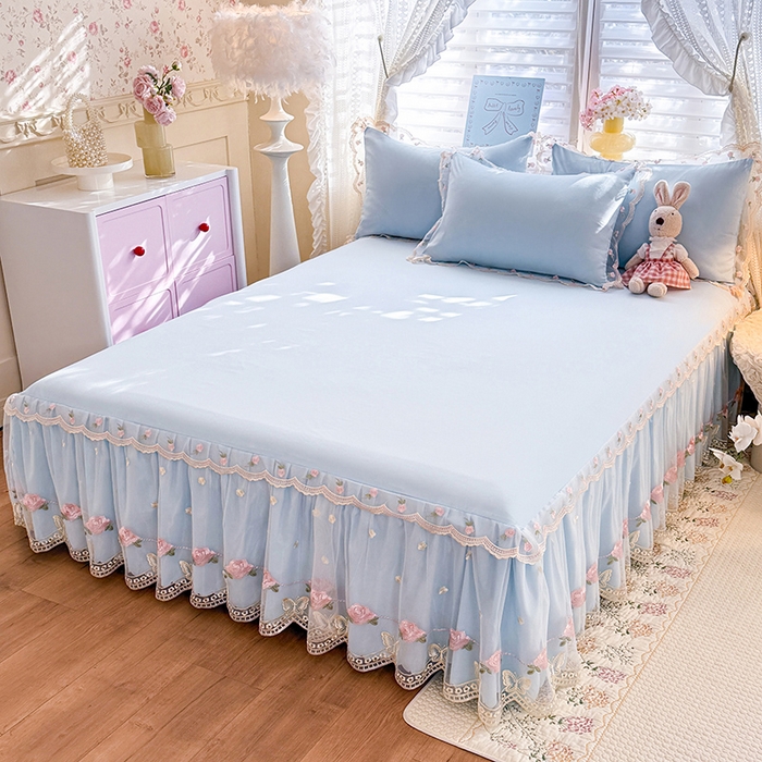 91家纺网 家纺一手货源 找家纺 漫布云家纺 2026春夏超柔水洗棉床裙款四件套-唯爱系列 唯爱-梦幻蓝