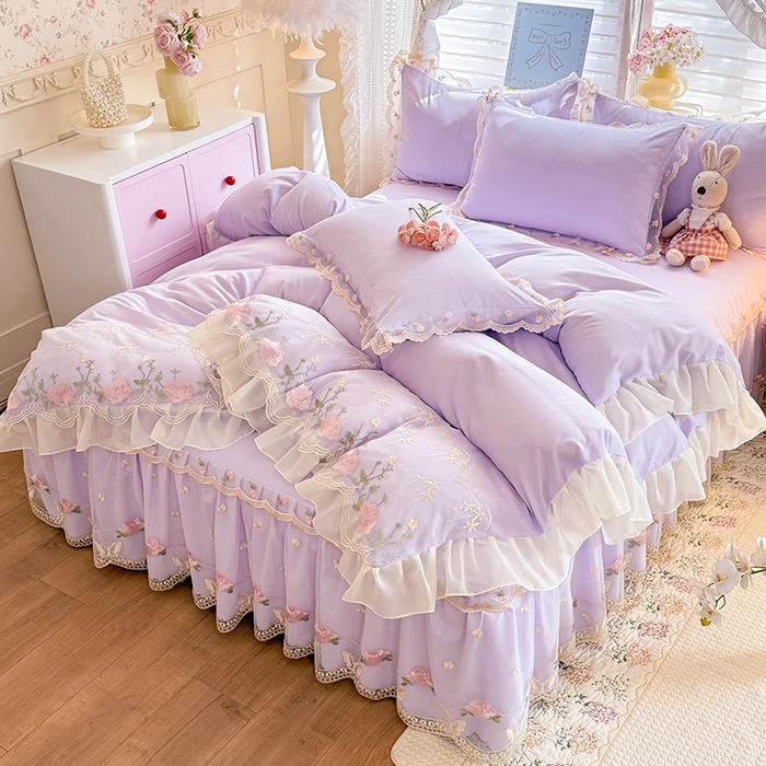 漫布云家纺 2026春夏超柔水洗棉床裙款四件套-唯爱系列 唯爱-香芋紫