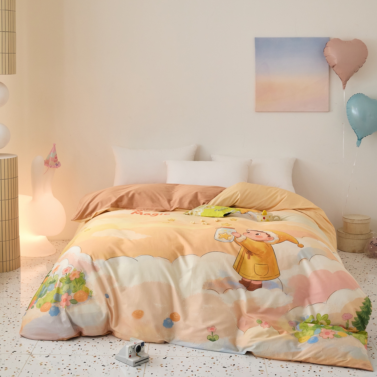 91家纺网 家纺一手货源 找家纺 梧桐树 2026新款60长绒棉平网大版系列四件套 P38许愿瓶桔