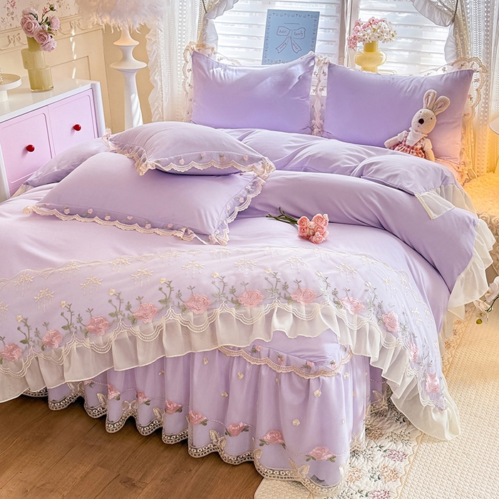 91家纺网 家纺一手货源 找家纺 漫布云家纺 2026春夏超柔水洗棉床裙款四件套-唯爱系列 唯爱-香芋紫