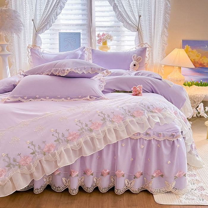 91家纺网 家纺一手货源 找家纺 漫布云家纺 2026春夏超柔水洗棉床裙款四件套-唯爱系列 唯爱-香芋紫