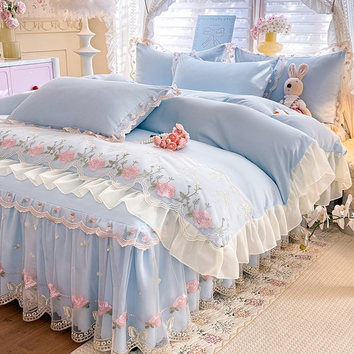 91家纺网 家纺一手货源 找家纺 漫布云家纺 2026春夏超柔水洗棉床裙款四件套-唯爱系列 唯爱-梦幻蓝