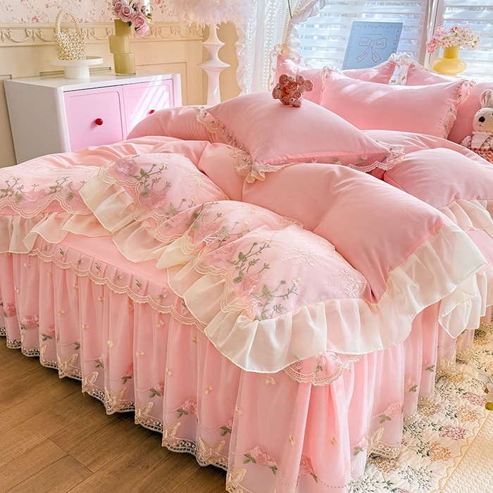 91家纺网 家纺一手货源 找家纺 漫布云家纺 2026春夏超柔水洗棉床裙款四件套-唯爱系列 唯爱-樱花粉