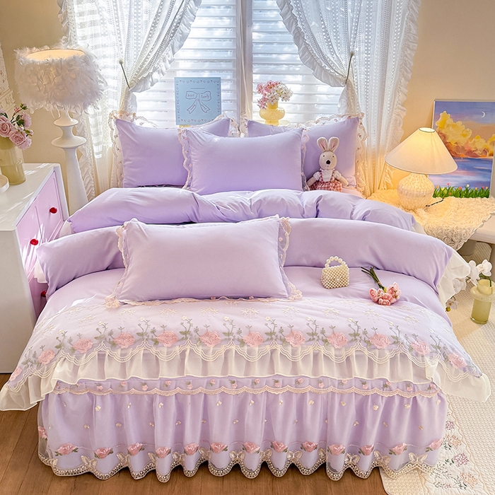 91家纺网 家纺一手货源 找家纺 漫布云家纺 2026春夏超柔水洗棉床裙款四件套-唯爱系列 唯爱-香芋紫