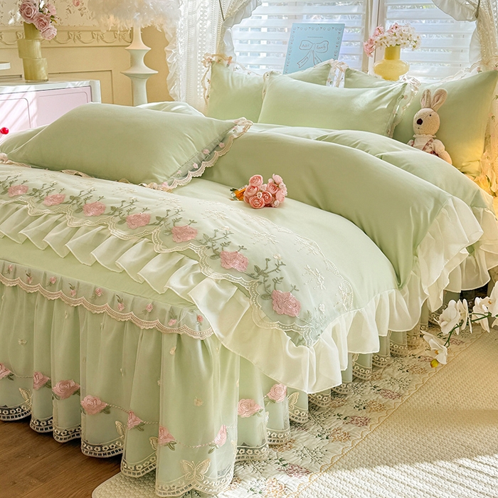 91家纺网 家纺一手货源 找家纺 漫布云家纺 2026春夏超柔水洗棉床裙款四件套-唯爱系列 唯爱-薄荷绿