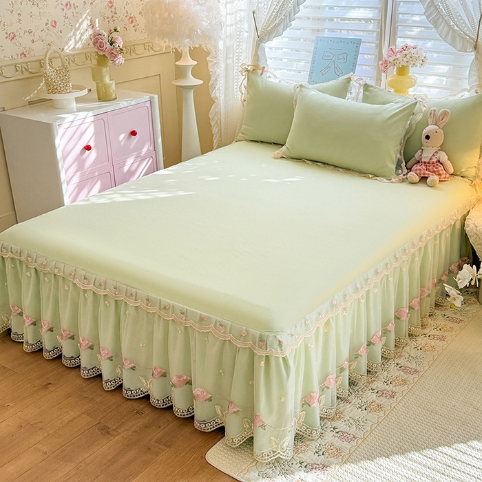 91家纺网 家纺一手货源 找家纺 漫布云家纺 2026春夏超柔水洗棉床裙款四件套-唯爱系列 唯爱-薄荷绿