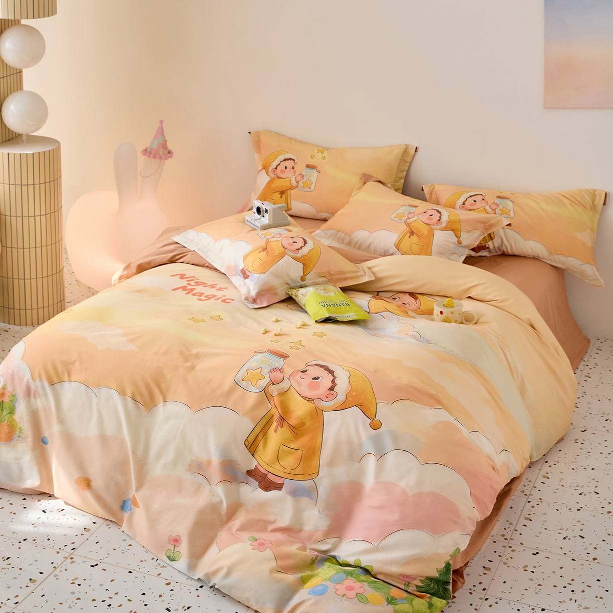 91家纺网 家纺一手货源 找家纺 梧桐树 2026新款60长绒棉平网大版系列四件套 P38许愿瓶桔