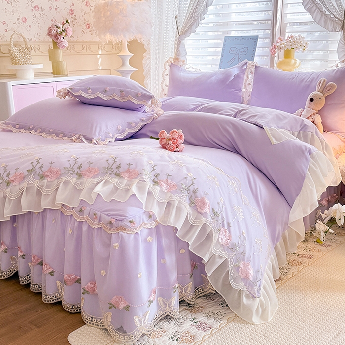 91家纺网 家纺一手货源 找家纺 漫布云家纺 2026春夏超柔水洗棉床裙款四件套-唯爱系列 唯爱-香芋紫