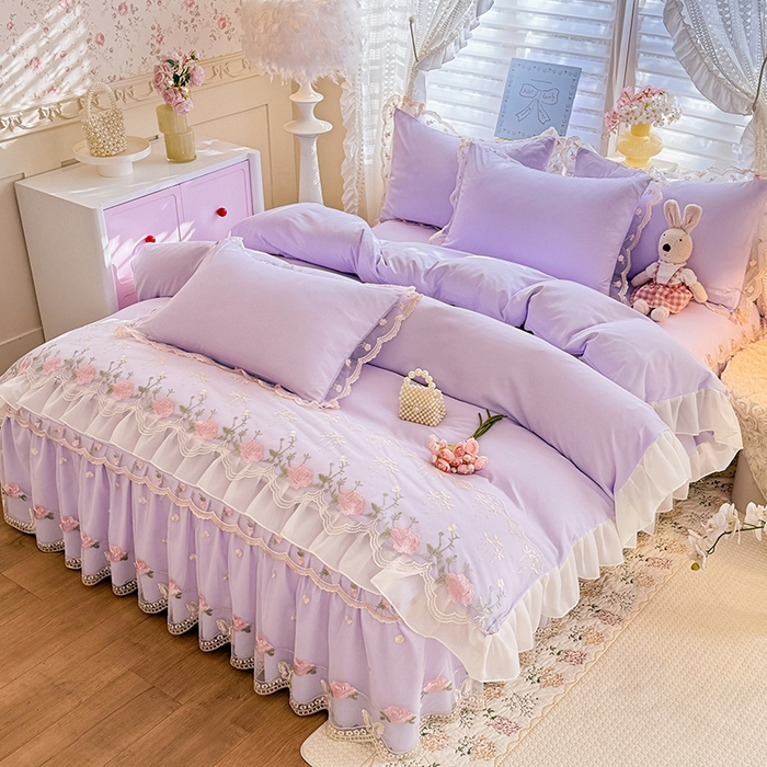 91家纺网 家纺一手货源 找家纺 漫布云家纺 2026春夏超柔水洗棉床裙款四件套-唯爱系列 唯爱-香芋紫