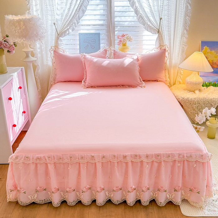 91家纺网 家纺一手货源 找家纺 漫布云家纺 2026春夏超柔水洗棉床裙款四件套-唯爱系列 唯爱-樱花粉