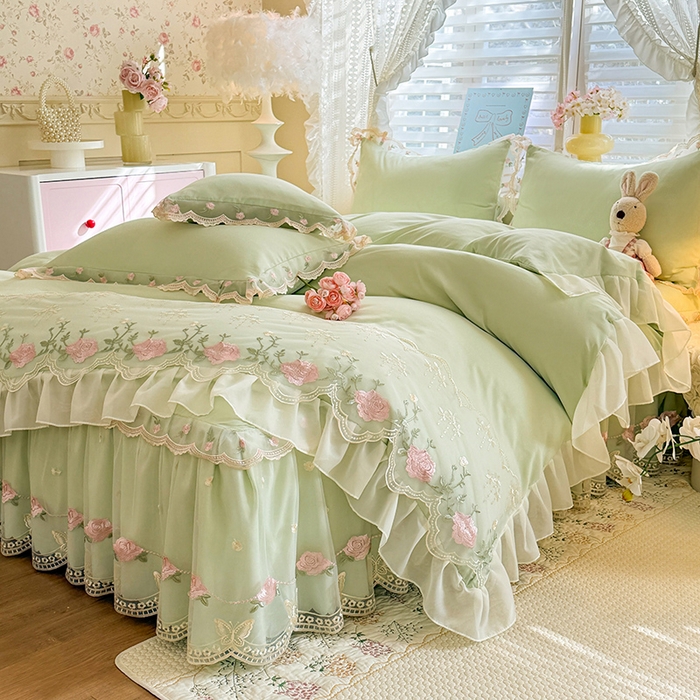 91家纺网 家纺一手货源 找家纺 漫布云家纺 2026春夏超柔水洗棉床裙款四件套-唯爱系列 唯爱-薄荷绿