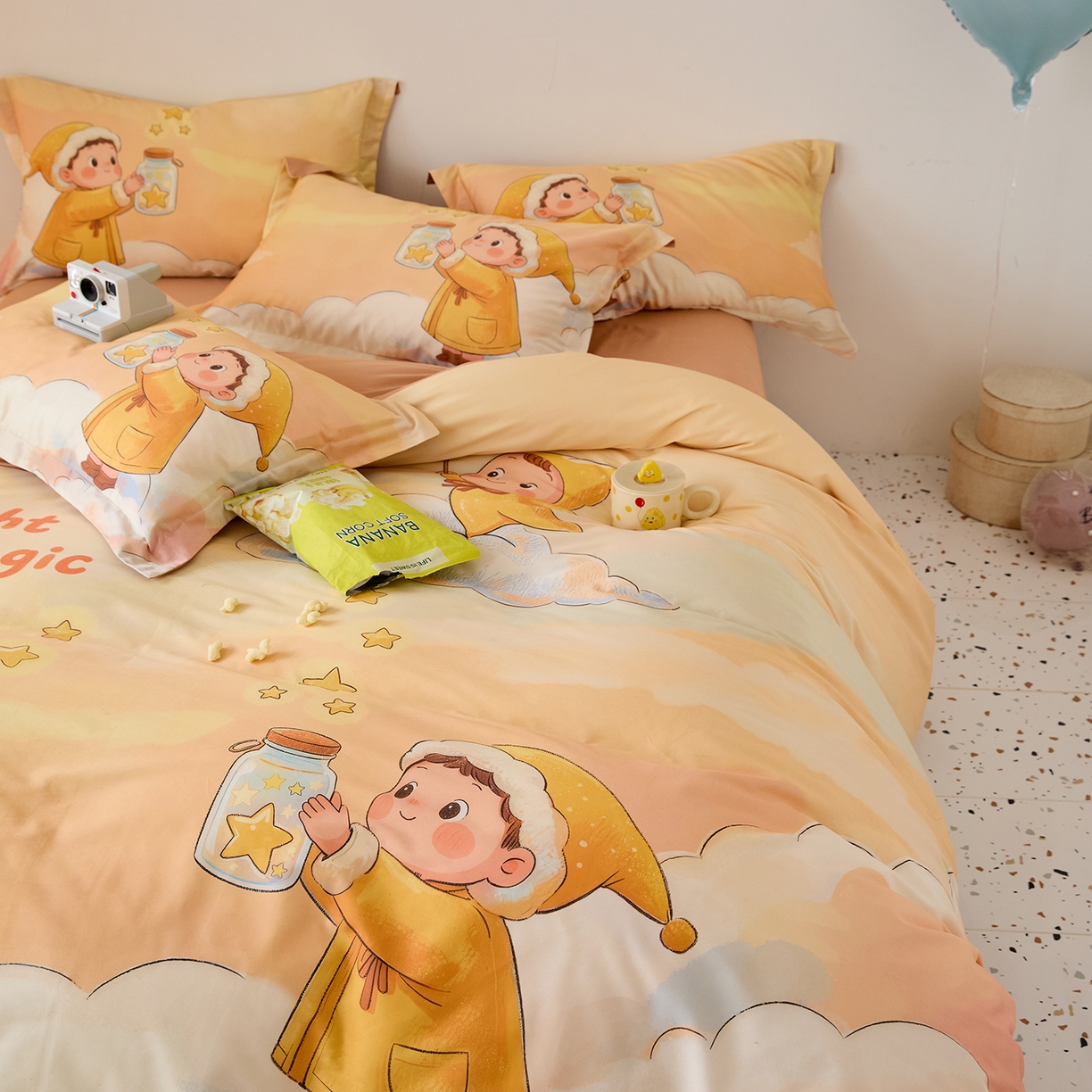 91家纺网 家纺一手货源 找家纺 梧桐树 2026新款60长绒棉平网大版系列四件套 P38许愿瓶桔