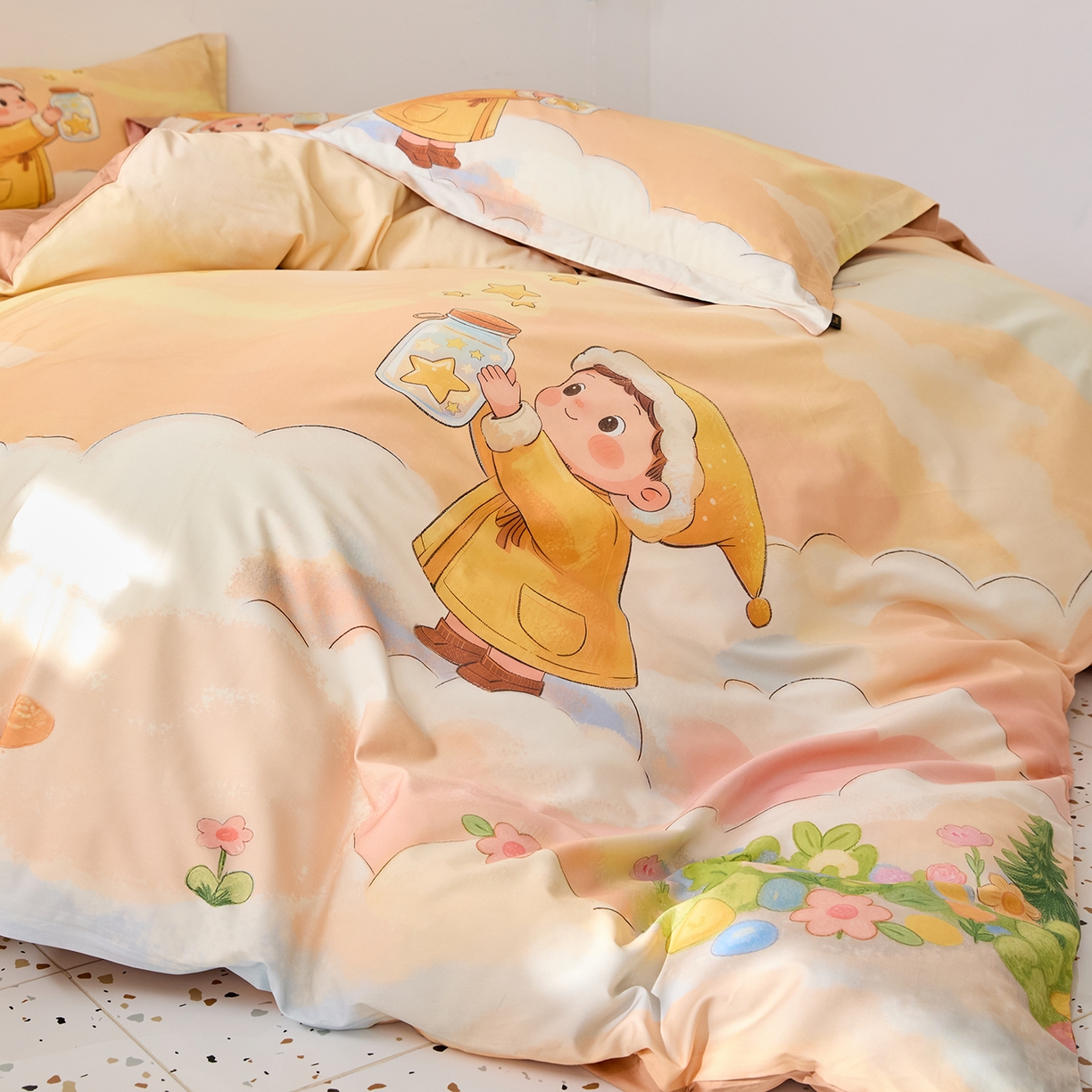 91家纺网 家纺一手货源 找家纺 梧桐树 2026新款60长绒棉平网大版系列四件套 P38许愿瓶桔