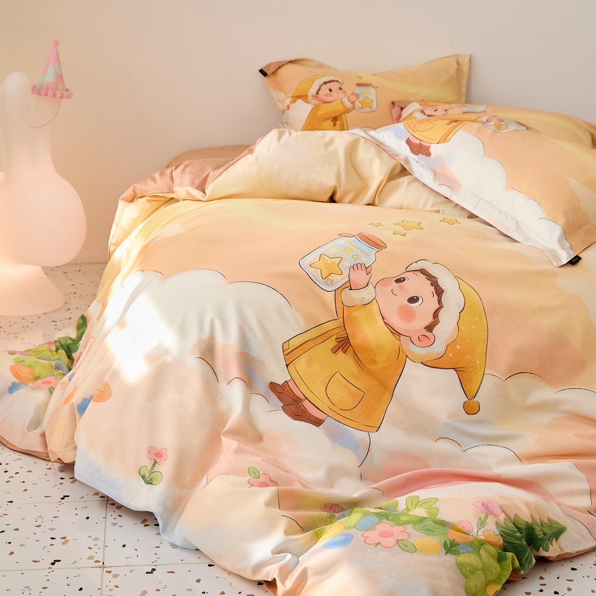 91家纺网 家纺一手货源 找家纺 梧桐树 2026新款60长绒棉平网大版系列四件套 P38许愿瓶桔