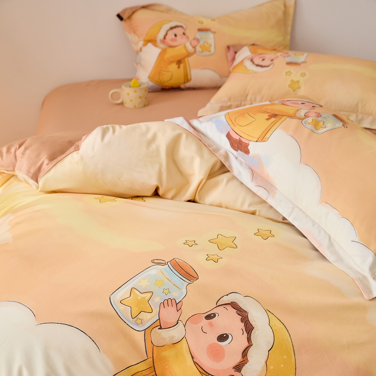 91家纺网 家纺一手货源 找家纺 梧桐树 2026新款60长绒棉平网大版系列四件套 P38许愿瓶桔