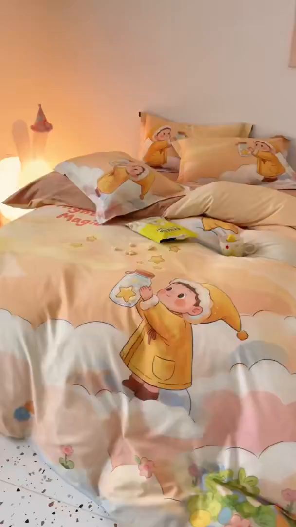 91家纺网 家纺一手货源 找家纺 梧桐树 2026新款60长绒棉平网大版系列四件套 P38许愿瓶桔